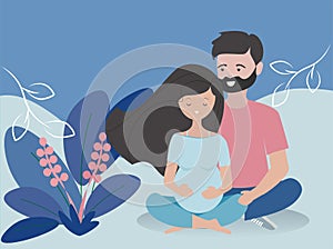 Young pregnant woman and man meditating.