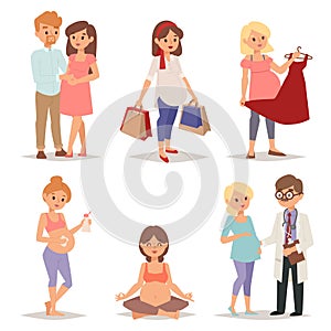 Young pregnant woman, pregnancy female belly expecting beautiful future mother character vector set.