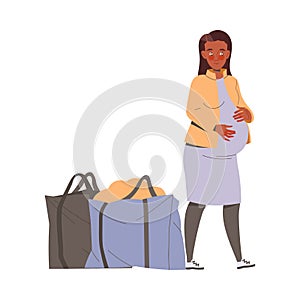 Young Pregnant Woman Refugee Standing Near Luggage Leaving Homeland Fleeing from War Conflict Seeking Asylum Vector