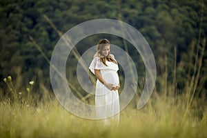 Young pregnant woman relaxing outside in nature