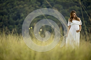 Young pregnant woman relaxing outside in nature