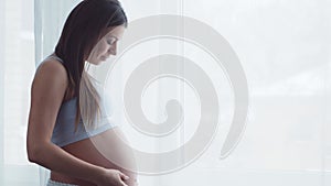 Young pregnant woman is resting at home and expecting a baby. The concept of pregnancy, motherhood, health and lifestyle