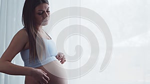 Young pregnant woman is resting at home and expecting a baby. The concept of pregnancy, motherhood, health and lifestyle