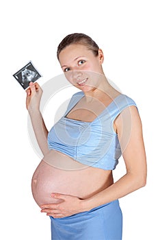 Young pregnant woman with the result of an ultrasound scanning