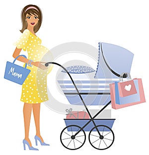 Young pregnant woman with shopping bags and pram