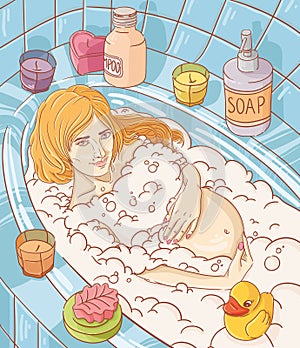 Young pregnant woman take bubble bath