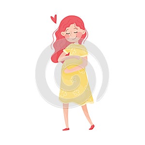 Young Pregnant Woman with Wavy Hair Stroking Her Belly Vector Illustration
