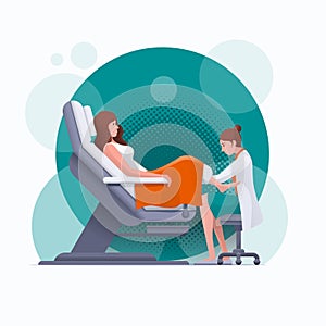 Young pregnant woman or woman is lying in gynecological examination chair during gynecological exam