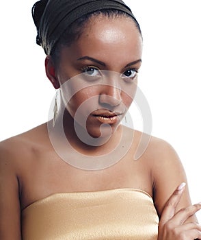 Young pretty african-american woman with golden makeupisolated on white background, ready for holiday party, lifestyle