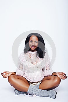 Young pretty african american woman pregnant happy smiling, posing on white background  , lifestyle people