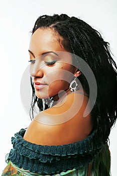 Young pretty african american woman on white background