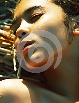 Young pretty african curly girl on sunset on beach looking, lifestyle people concept