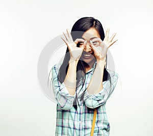 Young pretty asian woman posing cheerful emotional isolated on white background, lifestyle people concept