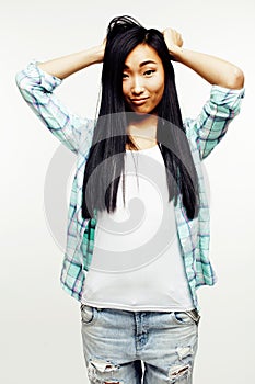 Young pretty asian woman posing cheerful emotional isolated on white background, lifestyle people concept