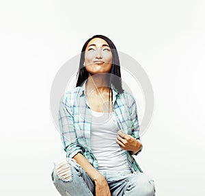 Young pretty asian woman posing cheerful emotional isolated on white background, lifestyle people concept