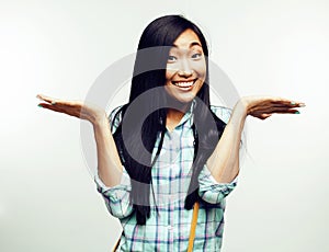 Young pretty asian woman posing cheerful emotional on white background, lifestyle people concept