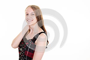 Young pretty beautiful woman in red and black retro vintage dress smiling happy on white background