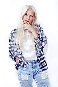 Young pretty blond teenage girl close up portrait, lifestyle people concept, teens fashion