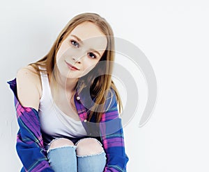 Young pretty blond teenage girl emotional posing, happy smiling isolated on white background, lifestyle people concept