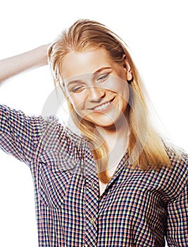 Young pretty blond teenage hipster girl posing emotional happy smiling on white background, lifestyle people concept