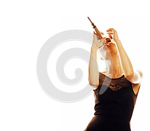 Young pretty blond woman singing in microphone isolated close up