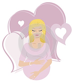 Young blonde pregnant woman with lila background photo