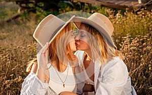 Young Pretty Blonde Women In Field Outdoor In Summer At Sunset