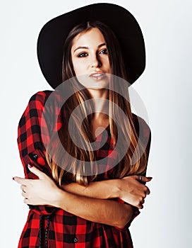 Young pretty brunette girl hipster in hat on white background ca