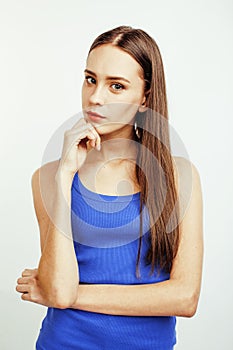 Young pretty brunette woman posing emotional isolated on white background thinking, lifestyle people concept