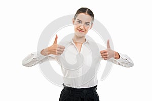 Young pretty bussines woman showing double thumb up gesture photo
