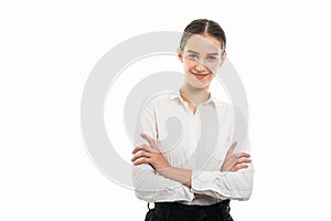 Young pretty bussines woman standing with arms crossed photo