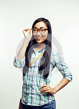 Young pretty cute asian woman teenage wearing glasses dressed casual hipster isolated on white background, lifestyle