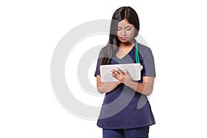 Young pretty doctor with a stethoscope and a medical history in her arms