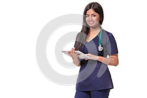 Young pretty doctor with a stethoscope and a medical history in her arms