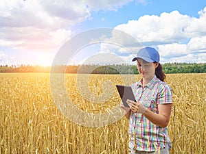 Young pretty farmer girl standing in yellow wheat field