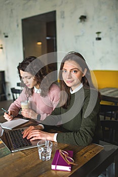 Young pretty females working with notes and laptop in cafe