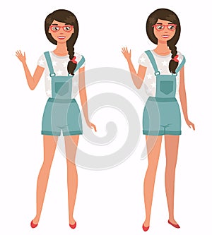 Young pretty girl. Front, 3 4 view. Cartoon style, vector illustration.