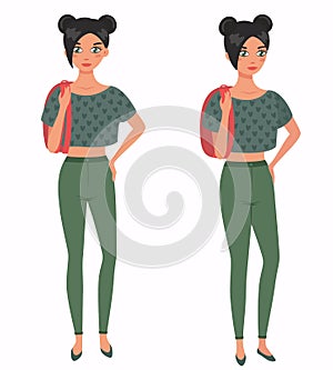 Young pretty girl. Front, 3 4 view. Cartoon style, vector illustration.