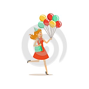 Young pretty girl with multicolored balloons hurry to birthday party. Cartoon woman character in red dress with