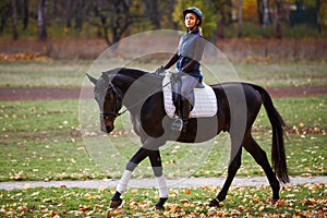 Young pretty girl riding horse in autumn park