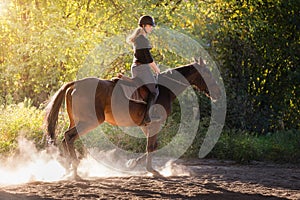 Young pretty girl - riding a horse with backlit leaves behind