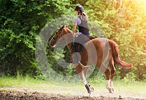 Young pretty girl riding a horse with backlit leaves behind in s