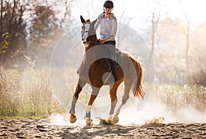 Young pretty girl - riding a horse with backlit leaves behind