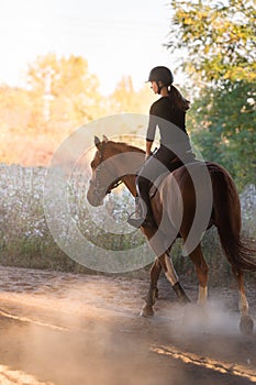 Young pretty girl - riding a horse with backlit leaves behind