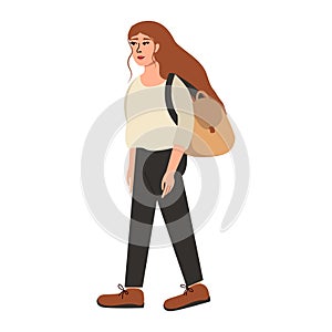 Young pretty girl travelling, hitchhiking with backpack, illustration isolated on white background.