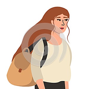 Young pretty girl travelling, hitchhiking with backpack, illustration isolated on white background.