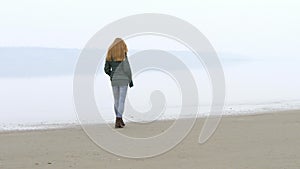 Young pretty girl walking away on sandy beach from left to right