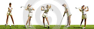 Young pretty girl in white clothes playing golf on green grass floor covering isolated over white background. Collage