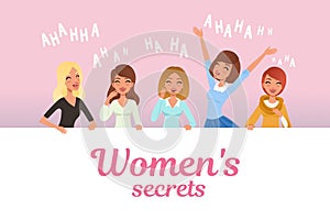 Young pretty girls loudly laughing. Women s secrets concept. Cartoon female characters with smiling facial expressions photo