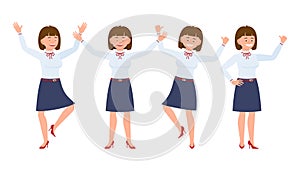 Young, pretty, happy office woman  jumping, standing hands up, having fun